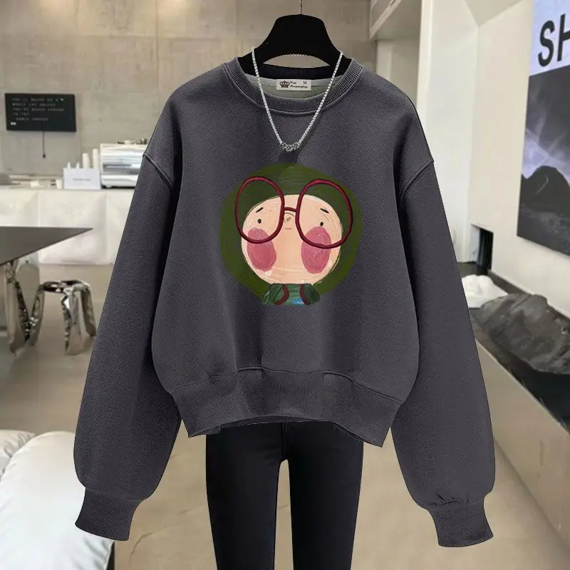 Women Clothing Fashion Cartoon Printed Hoodies Autumn Winter Vintage Pure Cotton Sweatshirts Loose Casual Pullovers