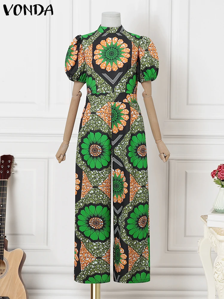 VONDA Plus Size Women Jumpsuits Summer Short Sleeve Print Long Playsuits 2025 Bohemian Stand Collar High Waist Casual Overalls