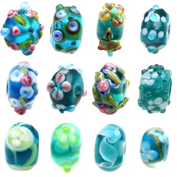 Cuentas de cristal hechas a mano para manualidades, abalorios de pavo real, flor azul y verde, para pulseras/pendientes/Collar, fabricación de joyas DIY, 2 piezas