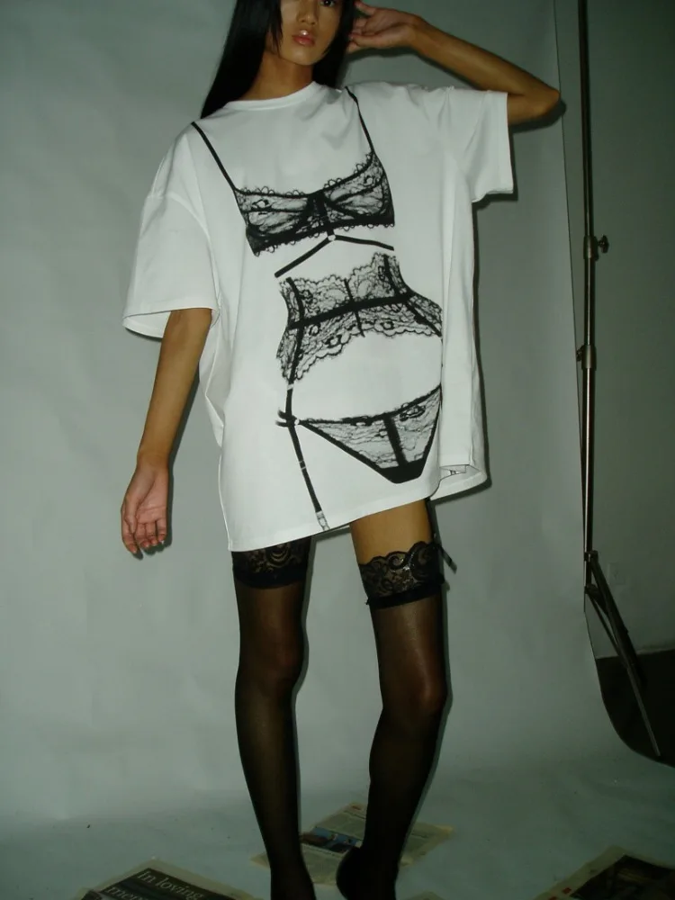 ADAgirl Lace Printed T Shirts Women Sexy Perspective Bikini Oversized Tees Streetwear Short Sleeve Casual Top Aesthetic Clothes
