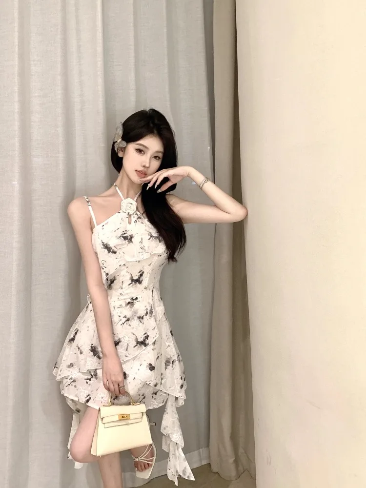 Ezgaga Elegant Mini Dresses Women Floral Printed Ruffles Irregular Slim Sleeveless Halter Backless Vintage Sexy Dress Party