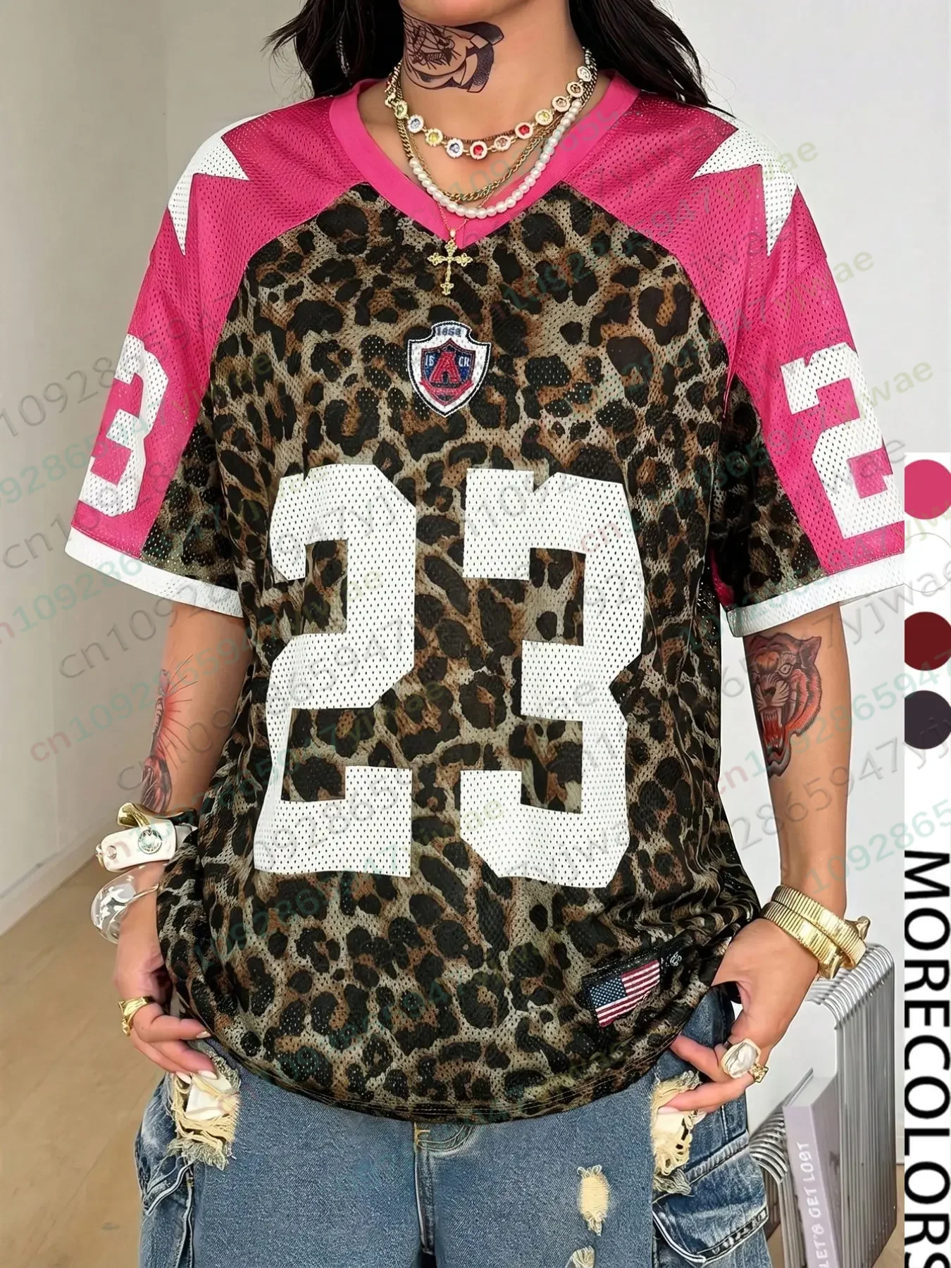 Summer Women Streetwear Clubbing Casual Vintage Y2K Athleisure Sport NO.23 Printed Oversized Leopard Baseball Jersey T-Shirt