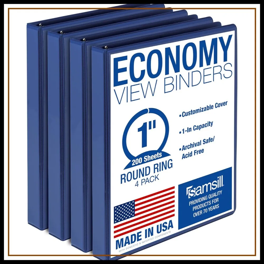 

1 Inch 3 Ring Binders, Economy Round Ring, Clear View Cover, 200 Sheet Capacity for School Home Office, Blue 4 Pack