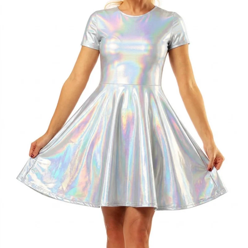 Glänzendes, kurzes Kleid mit Rundhalsausschnitt, Skater-Schnitt, Mini-Länge, Laser-Regenbogen-Silber-Lila, ausgestelltes, fließendes Design, Kostüm, Party, Club, Nachtclub-Kleid – Detail 7