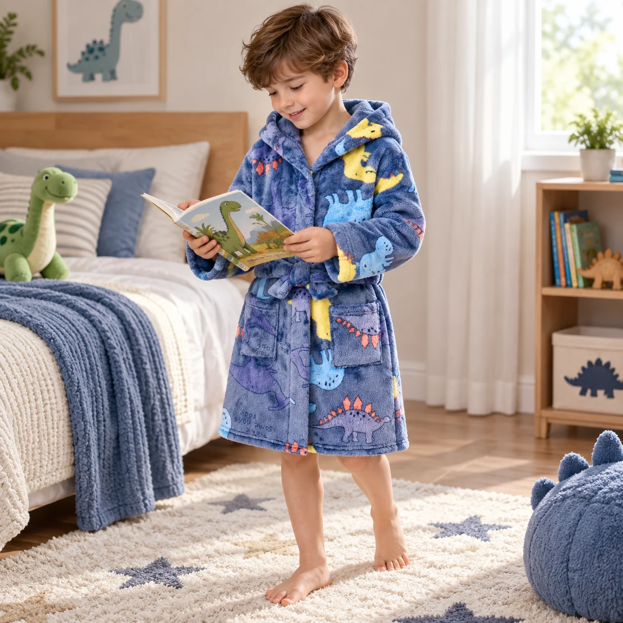 Boy Flannel Pajamas Robe Winter Children cartoon Dinosaur Sleepwear Soft Hooded Kids Homewear 9-24 Month-2-7 Years