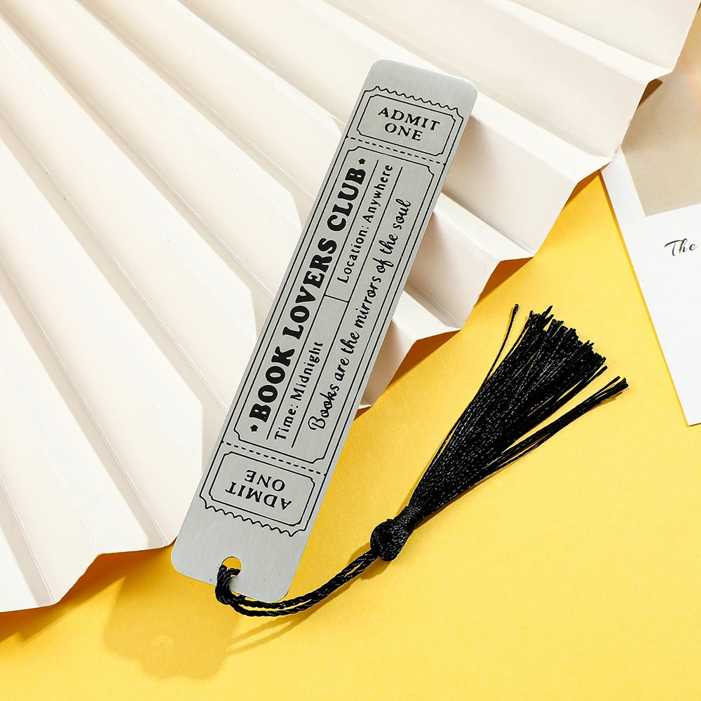 스테인리스 스틸 '책 애호가 클럽' 북마크 블랙 태슬 포함 - 티켓 스타일 디자인, 책 애호가 및 선물용
