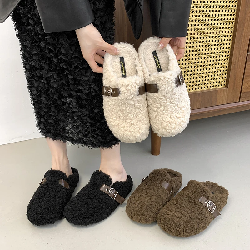 Luxury Furry Lambswool Slippers Woman Cover Toe Mules Shoes Winter Slip On Sliders House Pantuflas Mujer Curly Wool Fur Loafers