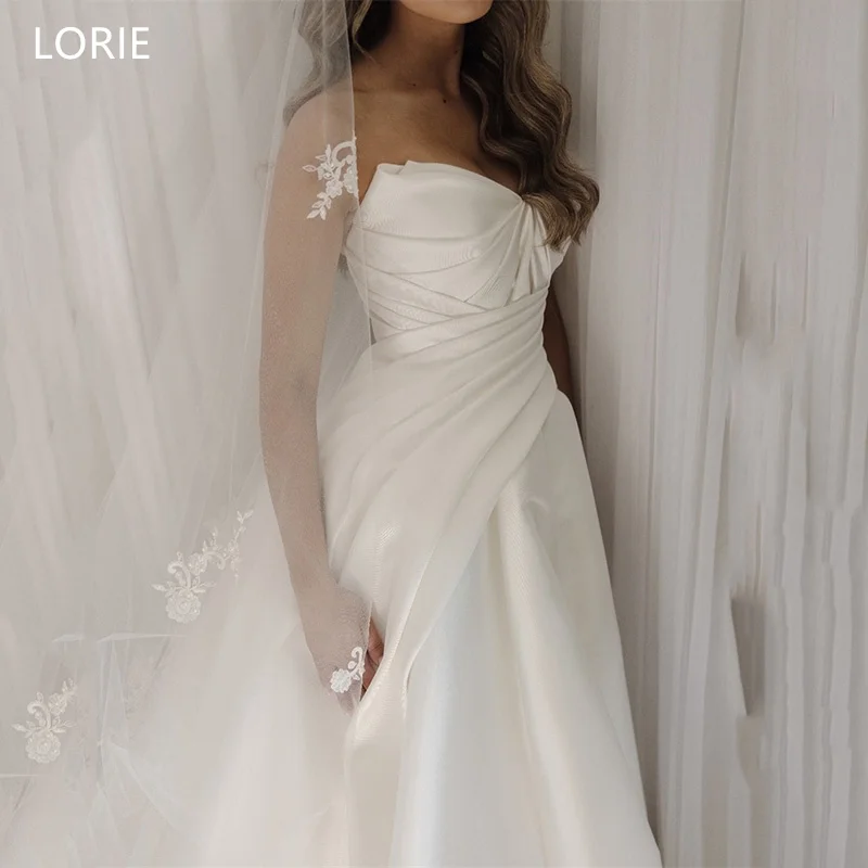 

LORIE A-Line Tiered Satin Wedding Dresses Strapless Pleat Bride Prom Gown V-Neck Floor-Length Elegent Bridal Gown Customized