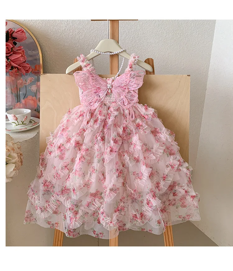 

2026 New Baby Summer Girls Boutique Pink Printed Dress, Princess Kids Sweet Fashion Party Dress 3 -7 T