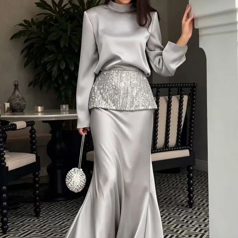 Women Two Piece Formal Skirt Set High Neck Satin Long Sleeve Top Sequin Waistband Mermaid Maxi Skirt Suit Elegant Evening Outfit