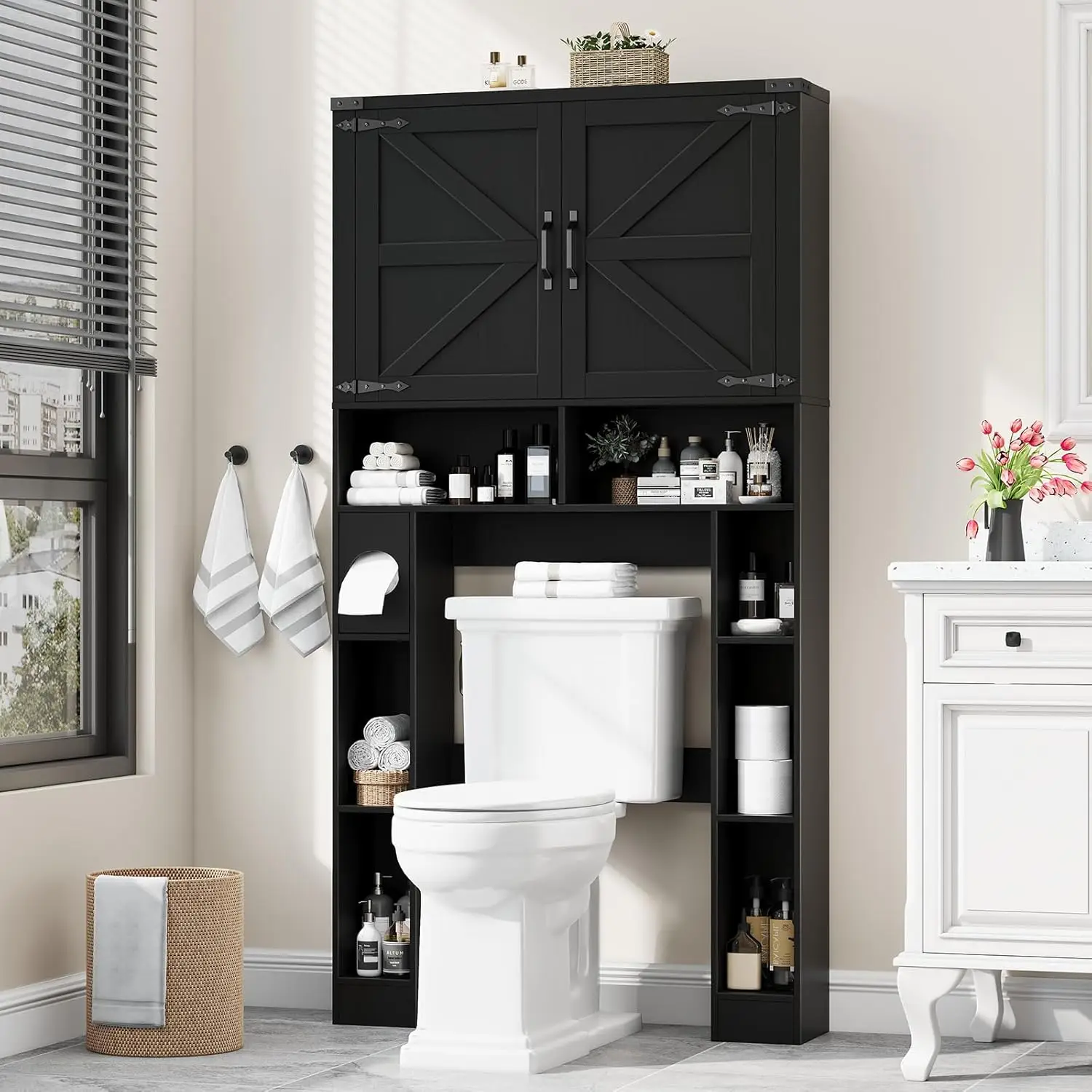 

Over The Toilet Storage Cabinet, Farmhouse Storage Cabinet Over Toilet with 2 Barn Doors ，Toilet Paper Holder Stand
