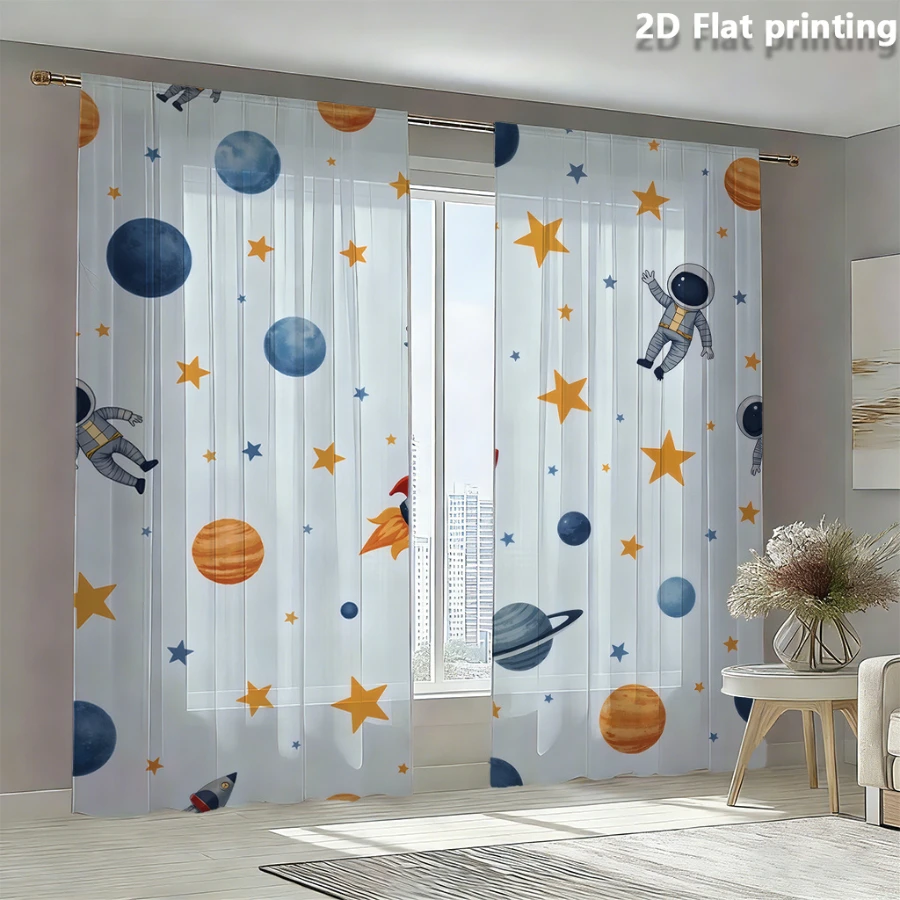2PCS Digital Print Sheer Curtain, Blue Orange Planet, Vintage Floral Window Curtains for Living Room Bedroom Home Decor