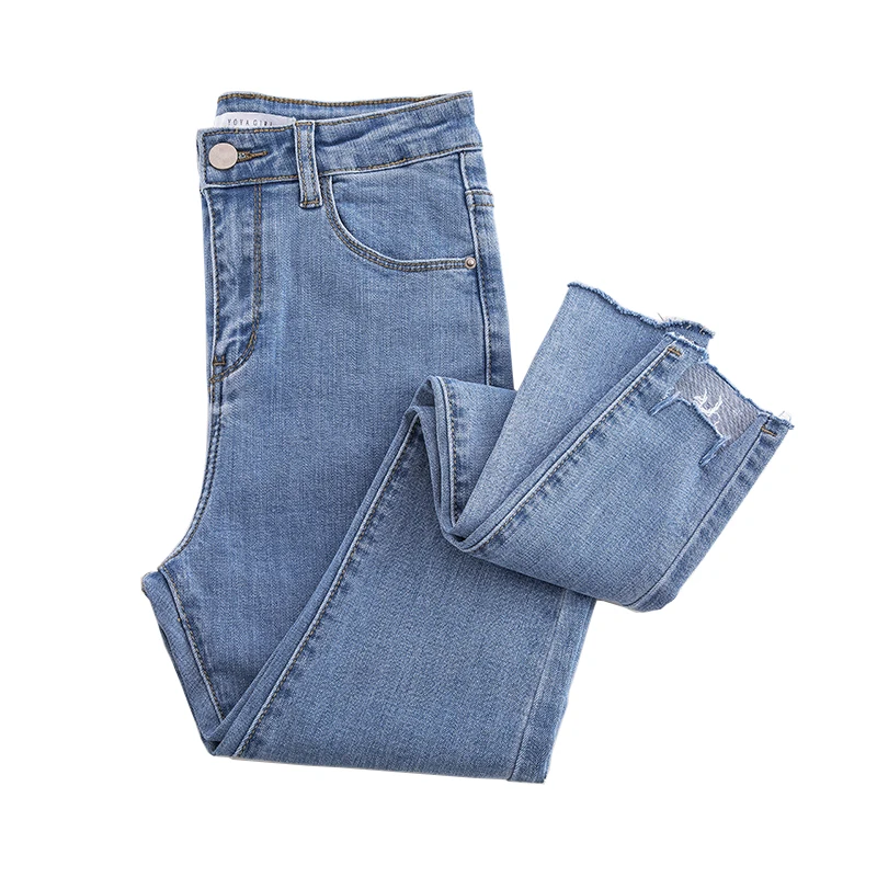 Light Wash Denim Jeans Women's High Waist Slim Fit Long Pants Student Style Autumn Collection Nine-Tenths Length
