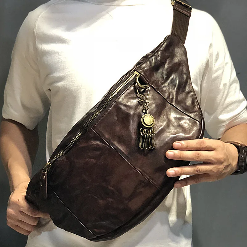 

EUMOAN New handmade original first layer cowhide men's chest bag genuine leather shoulder bag old wrinkled men's waist bag tide