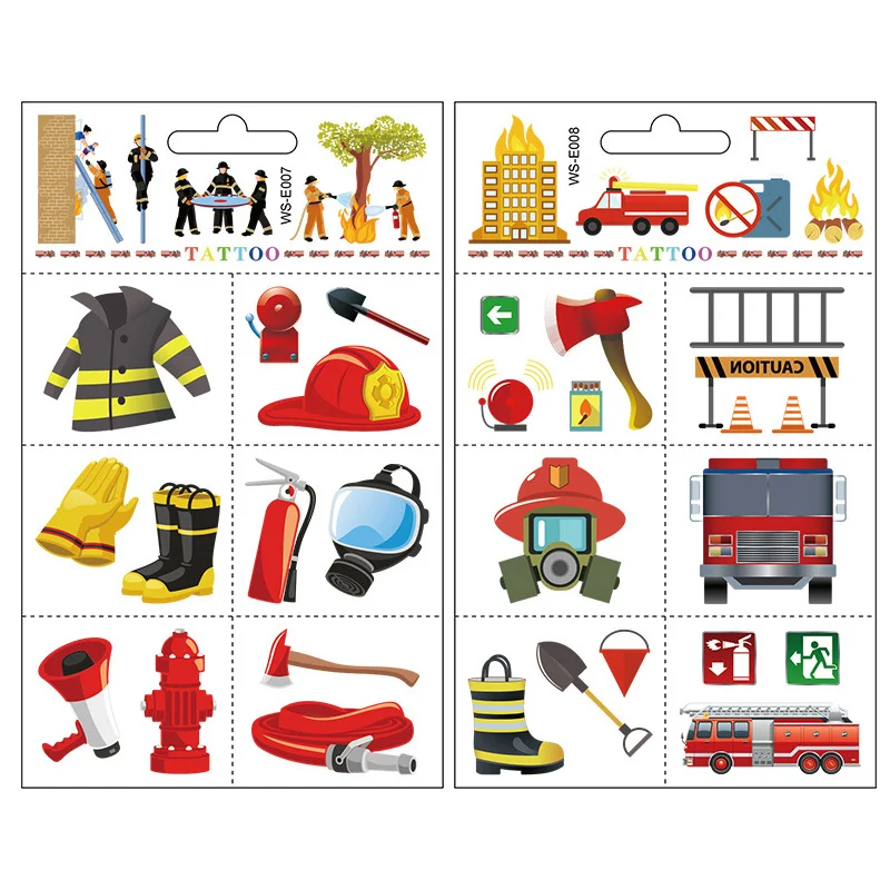 10 Sheets/Set Fireman Sam Birthday Decorations Firefighter Temporary Tattoos Stickers Fire Department Theme Party Supplies Decor