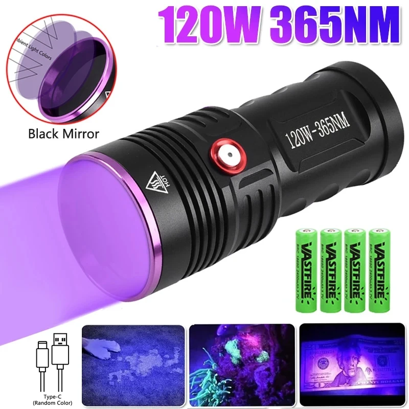 

365nm UV Flashlight Black Mirror 120W 6-Core 2-Mode Purple Light Ultra Viole Torch Pet Urine Stains bed bug Scorpions Detector