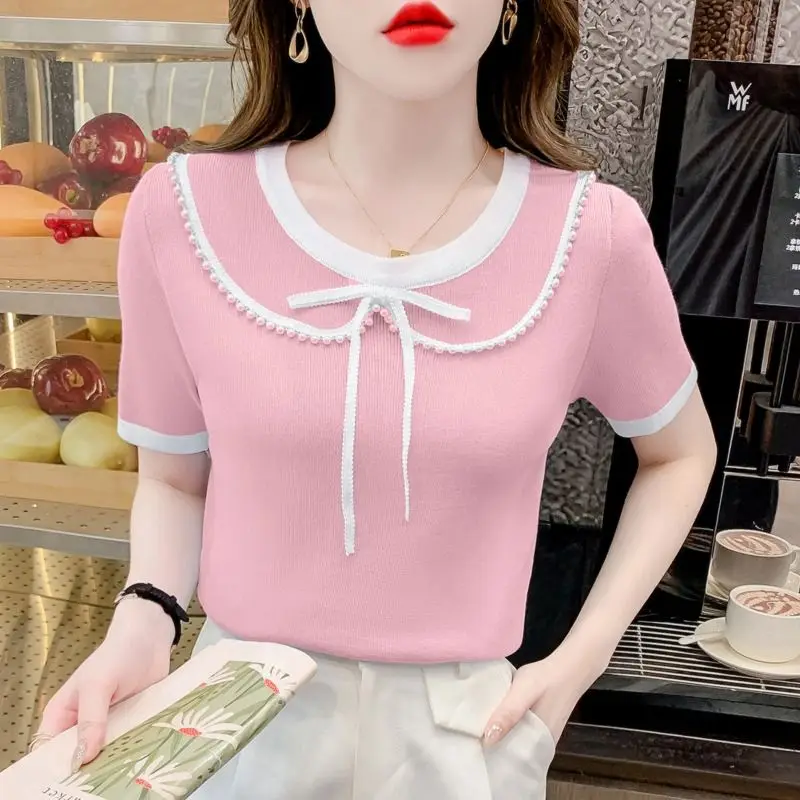 Fashion O-Neck Spliced Bow Beading T-Shirts Women\'s Clothing 2024 Summer New Loose Knitted Korean Tops Office Lady Tee Shirt