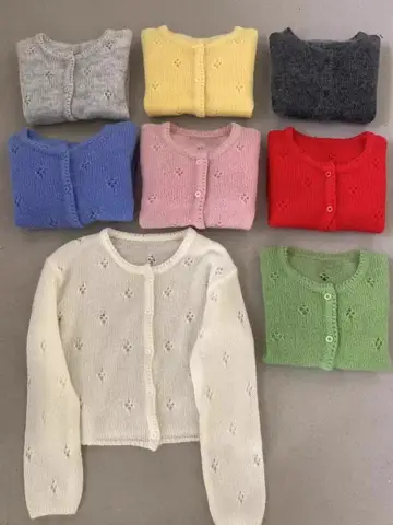 마해모 카디건 한국 스타일 슬림 핏 긴 소매 라운드넥 빈티지 스타일 니트 빈티지 스타일 브이넥 짧은 길이 빈티지 스타일 니트 라운드넥 카디건 니트 카디건