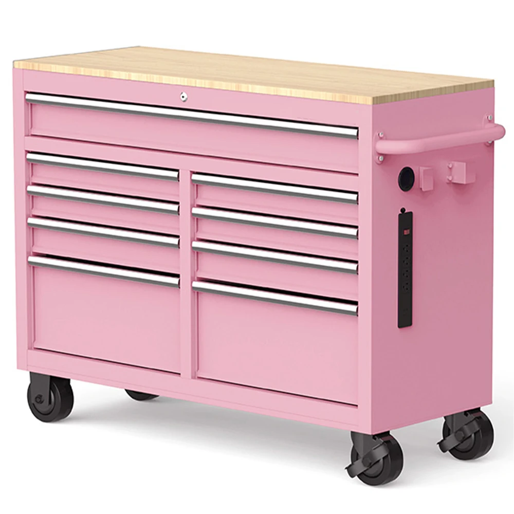 

Розовая 9-ящичная передвижная рабочая тумба из нержавеющей стали для гаража и мастерской