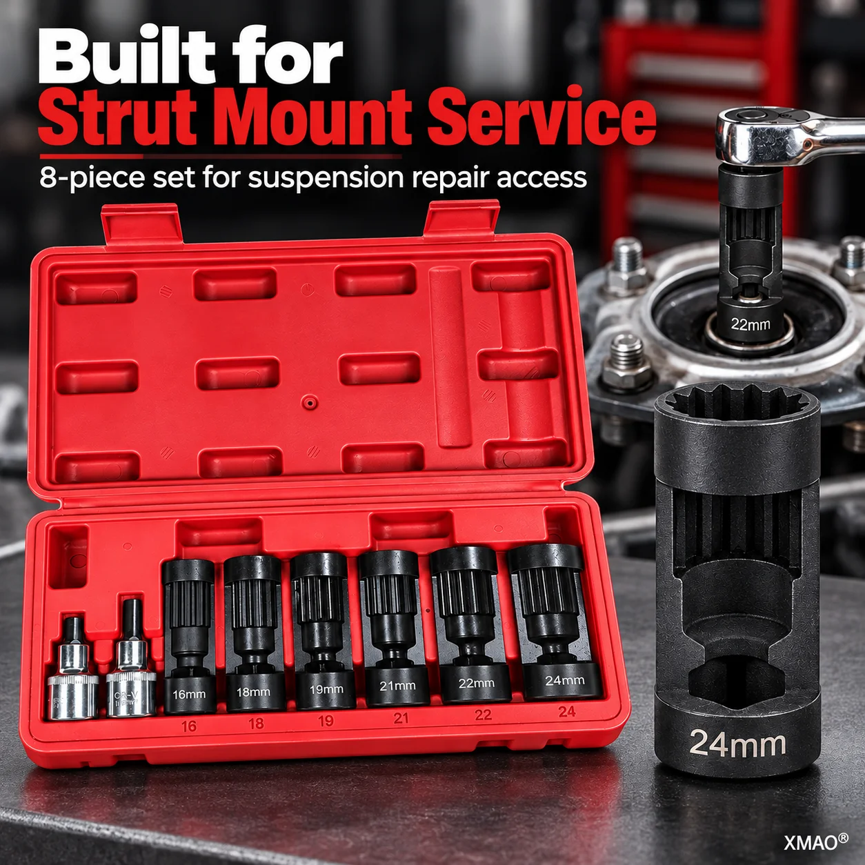 8Pcs Shock Absorber Strut Socket Set 16-24mm Pass-Thru 1/2in Drive Mount Nut Removal Tool for Porsche Macan Suspension Repair
