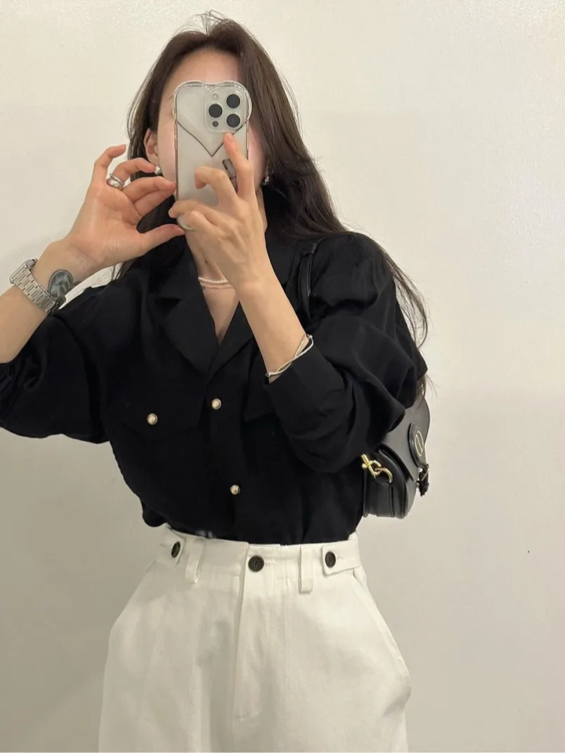 

Chic Vintage Autumn Long Sve Loose Casual Women's irt Classic Suit Collar Double ket Design Versatile Faionable Top