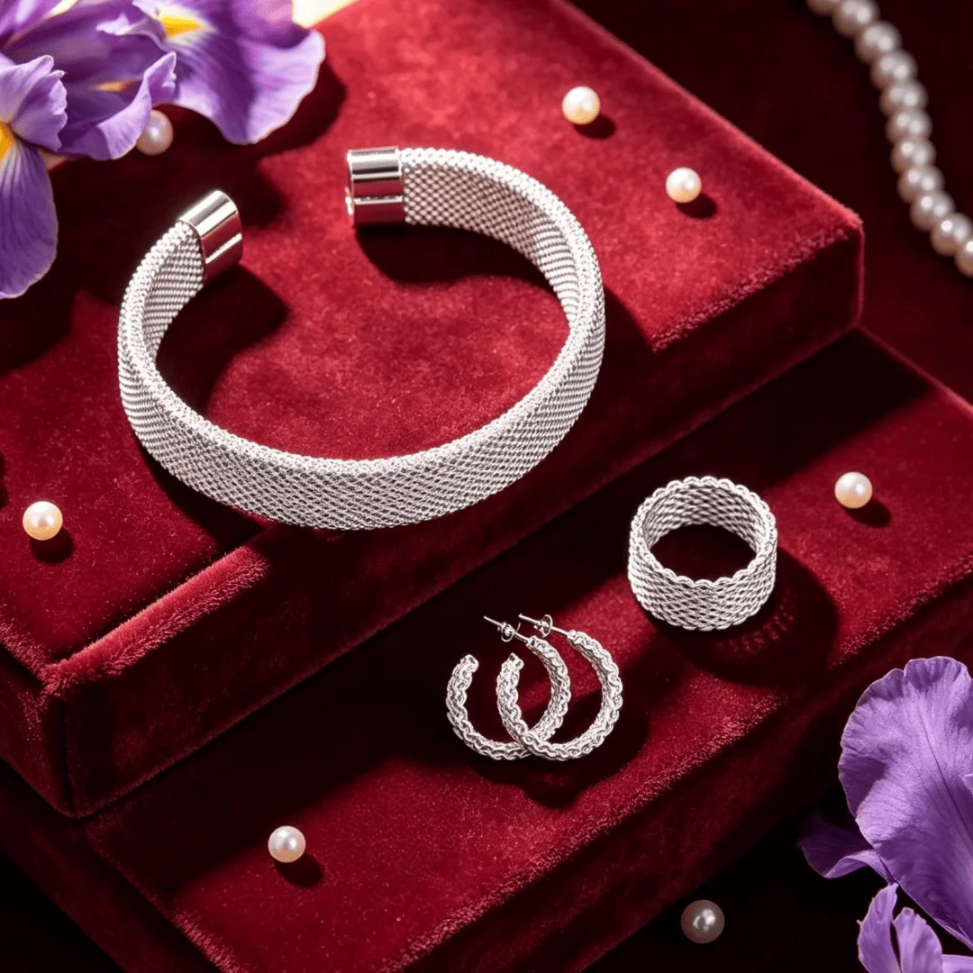 New fine 925 Sterling Silver Retro Weave net Bangle Rings Earrings Bracelet Jewelry Sets for women Fashion Party Wedding Gifts