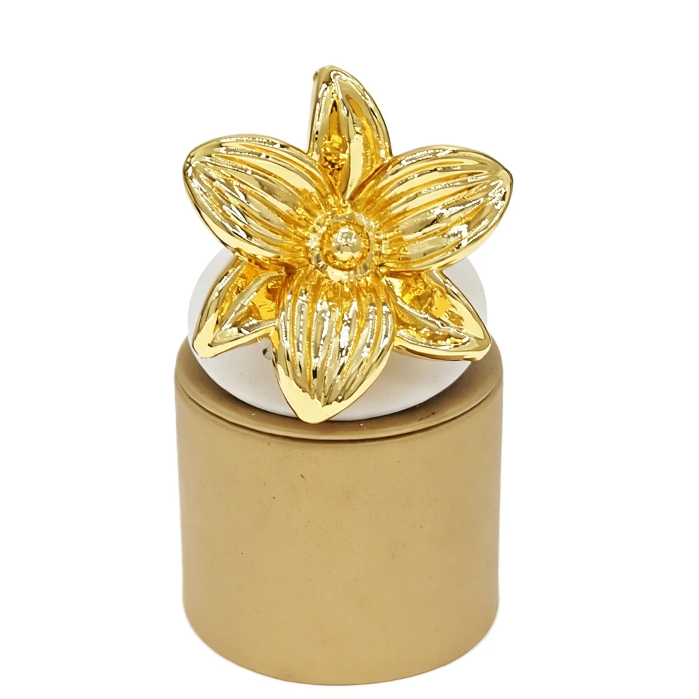 Luxury 3D Star Flower Gold Plated Ring Ribbed Petal Chunky Wide Shank Statement Adjustable Finger Ring