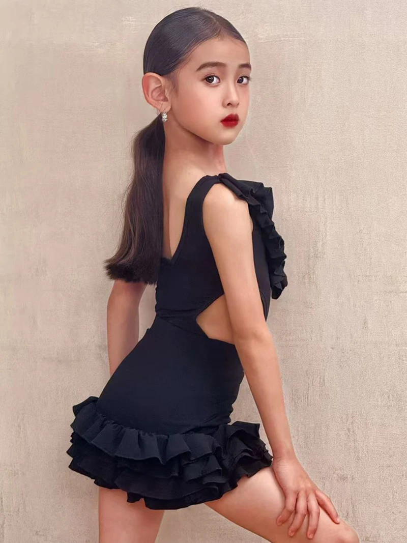 Dziecięce dziewczęce stroje do tańca latynoskiego bez rękawów, z falbankami, drążone fałdy, sukienka do tańca Samba Rumba praktyka konkursowy kostium taneczny