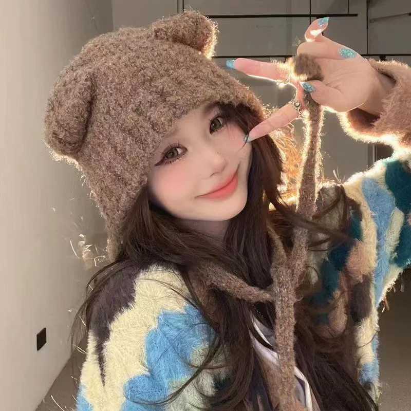 1pc Bear Wool Cap Cute Fall And Winter Big Head Circumference Ear Protection Cap Tie Head Warm Knitted Cap