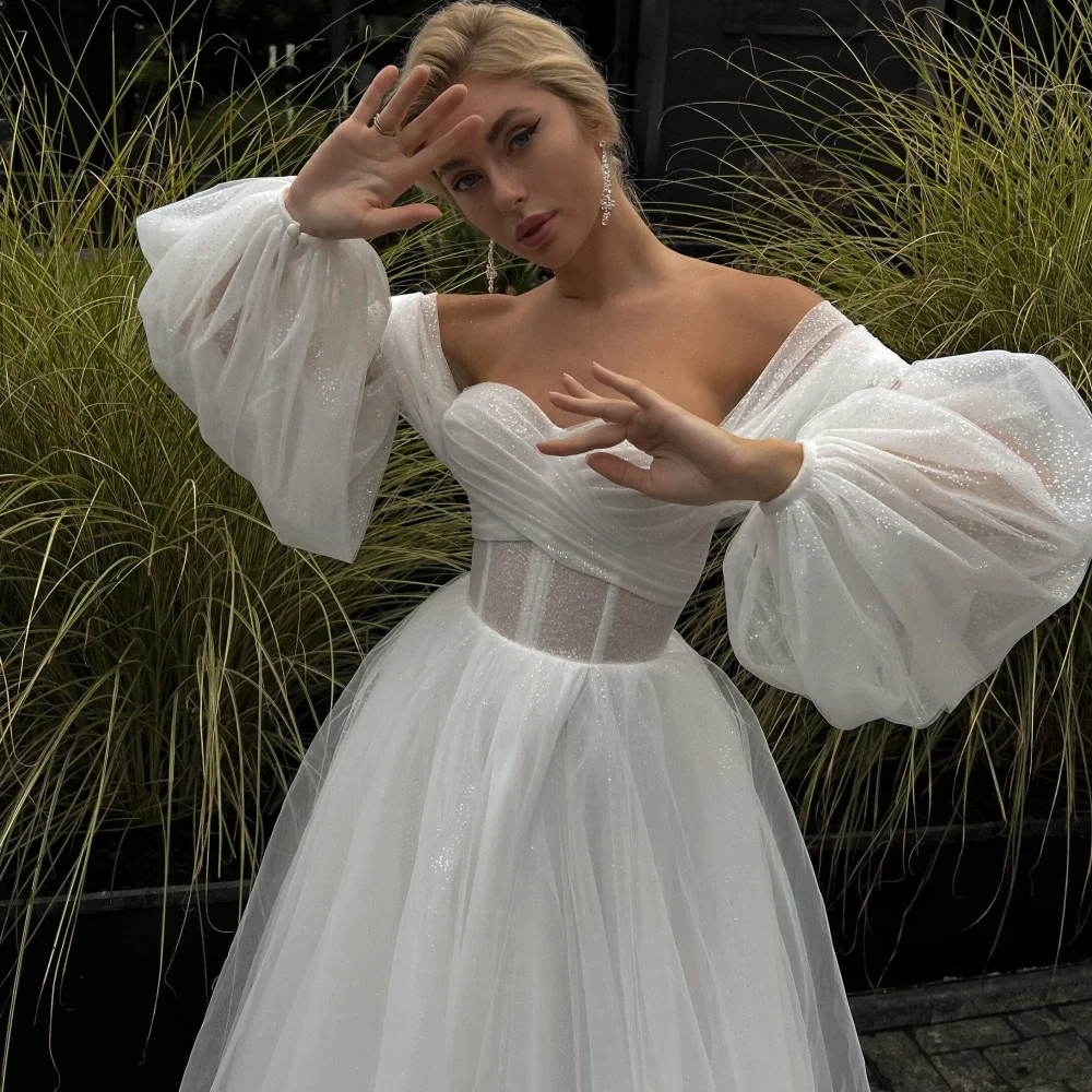 Elegant Off The Shoulder Bride Dress A Line Shiny Wedding Dresses Backless Sweetheart Bride Gowns Simple Bridal Robe De Marié