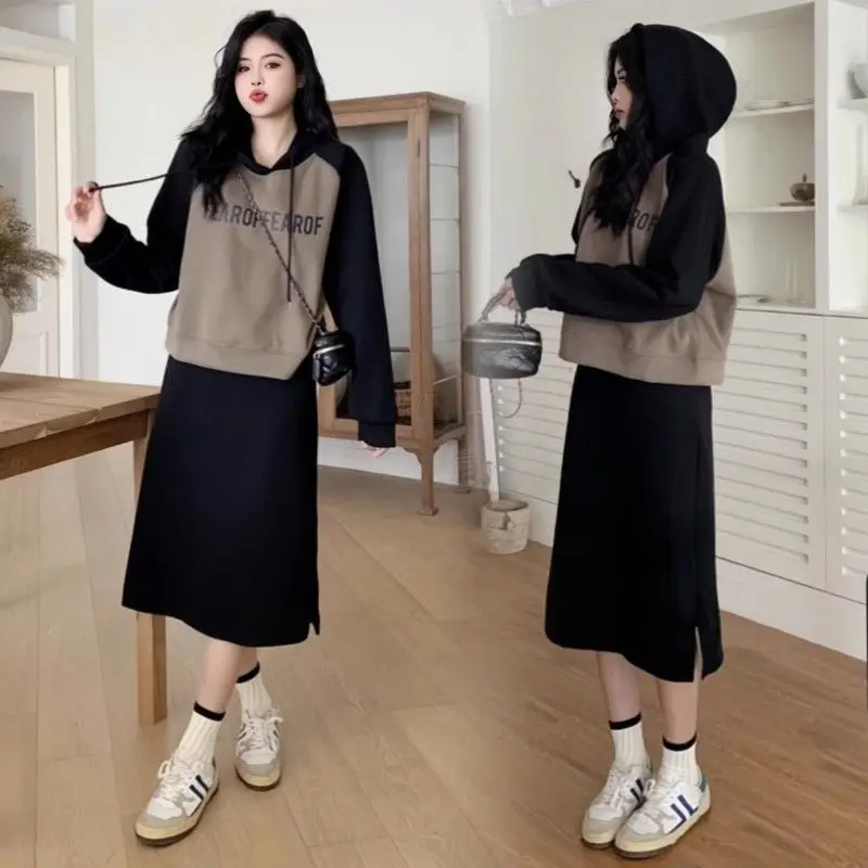 Sweet Cool Casual Hoodie Split Skirt Two Piece Set Women Spring Autumn Fashion Letter Pattern Top And Black A-Line Skirt Sets