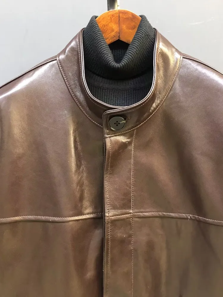 Chic หญิงฤดูใบไม้ผลิฤดูใบไม้ร่วงหลวม Fit ของแท้หนัง Casual Retro Coats หนังแกะแท้สไตล์เกาหลี Stand Collar Jacket