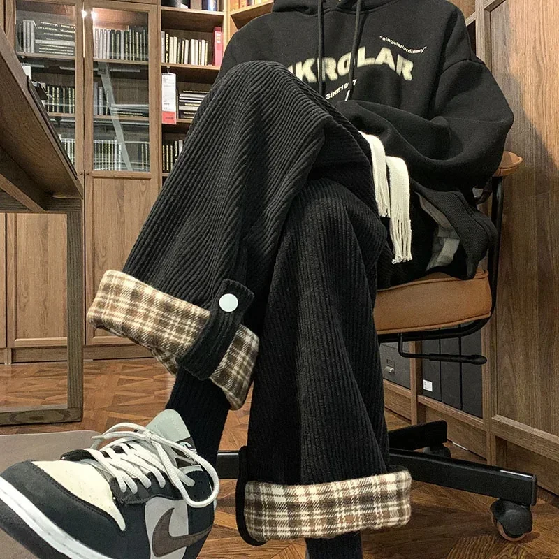 

Japanese Corduroy Checkered Flared Men Wide Leg Straight Leg Loose Retro Men's Autumn Design Casual Pants Fashionable Versatile