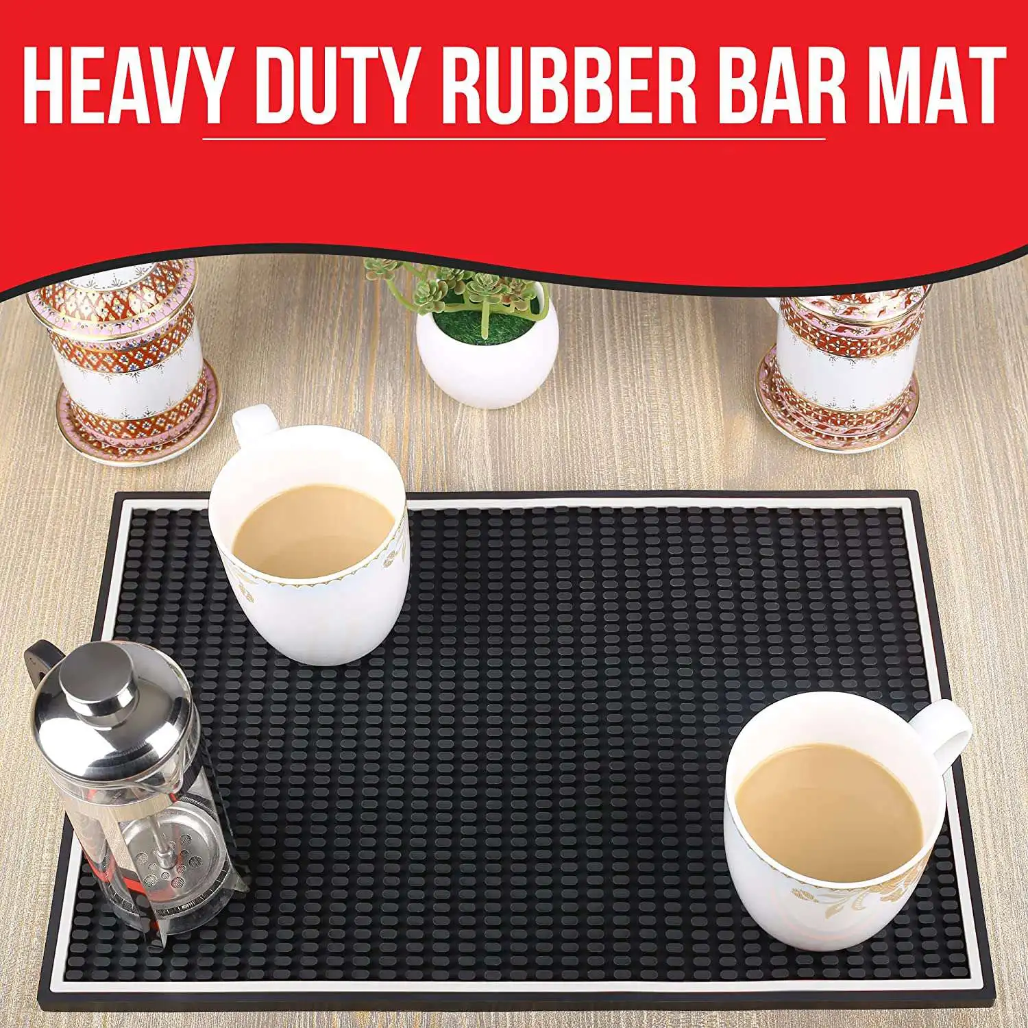 

T98C-Coffee Bar Mats For Countertop 18 X 12 Inch Thick, Rubber Bar Mat With Two Coasters, Slip Resistant, Durable Bar Mat