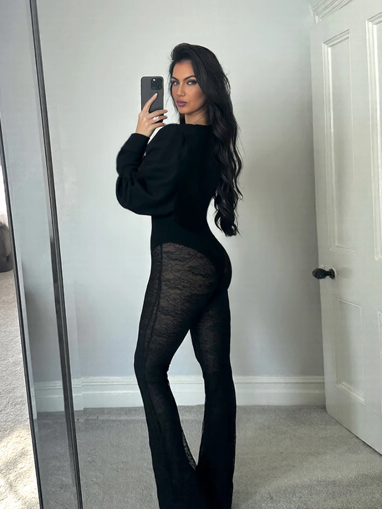 Kliou Sexy Fashion Bodysuits Woman Autumn Trend Low-Neck Puff Sleeve Skinny Stretch Hot Girls High Street Style Classic Bodycon