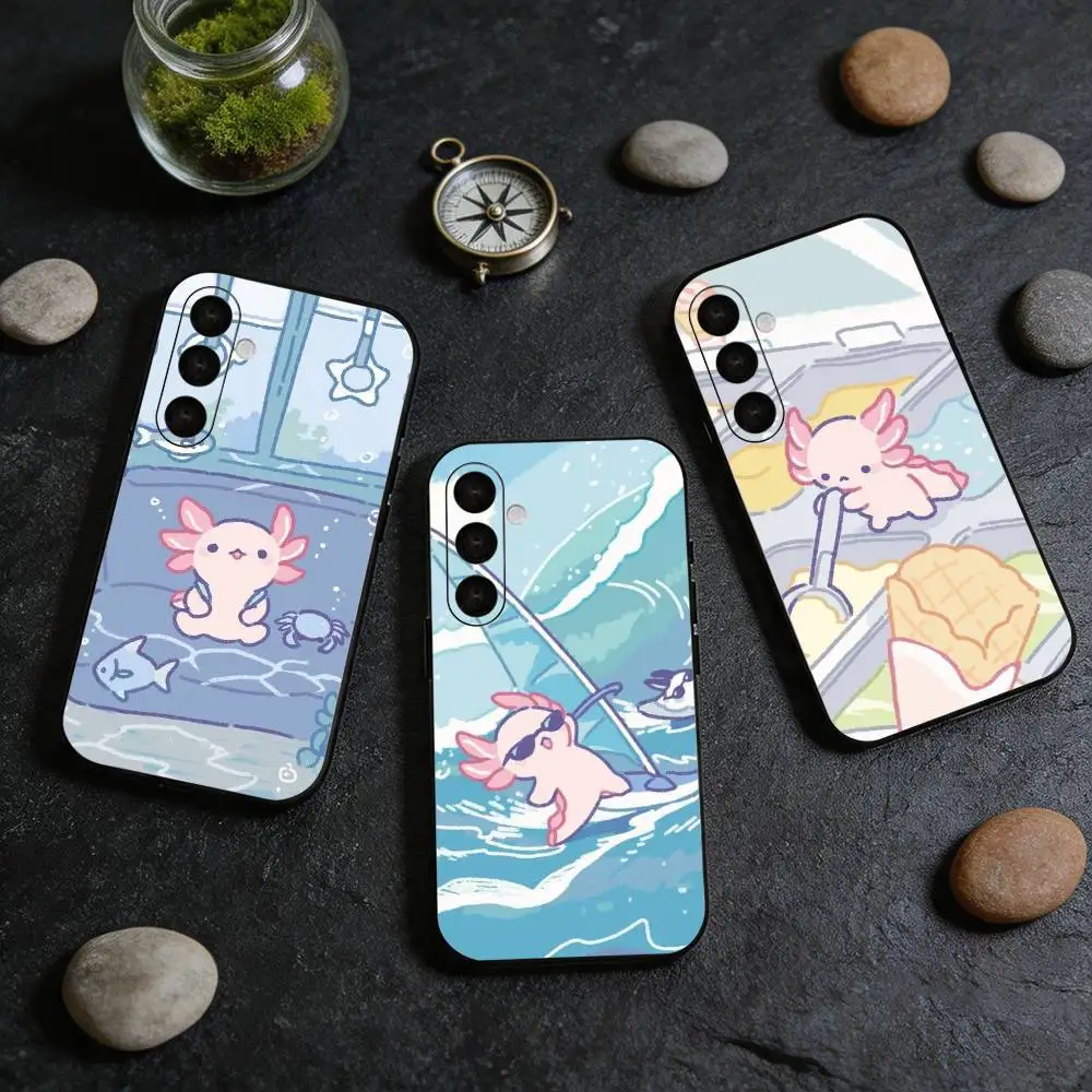 Kawaii Axolotl Cartoon  Anti-drop Black Soft Silicone Case For Samsung Galaxy A73 A72 A71 A53 A52 A51