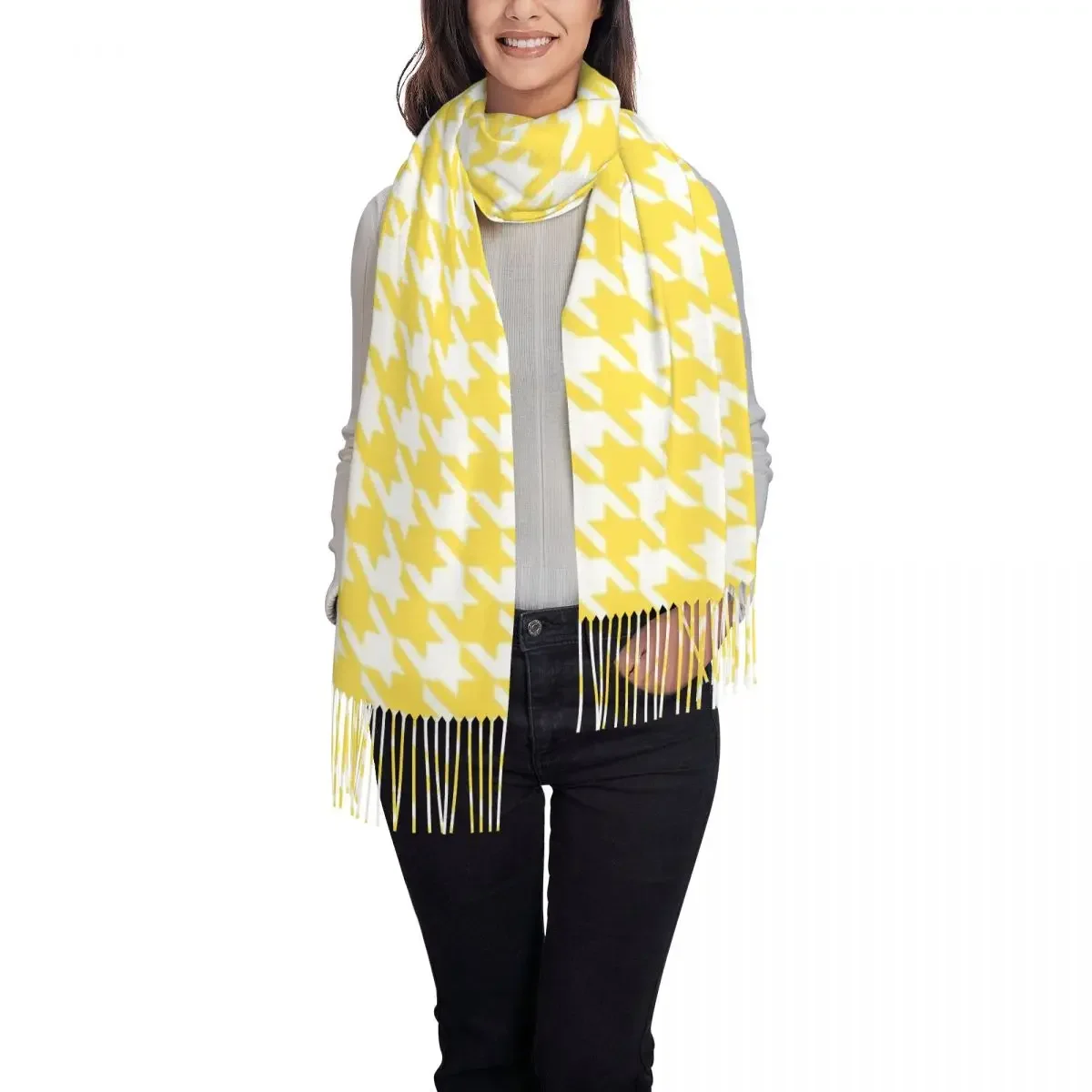 Customized Print Yellow Dogstooth Scarf Women Men Winter Warm Scarves Houndstooth Geometric Shawl Wrap