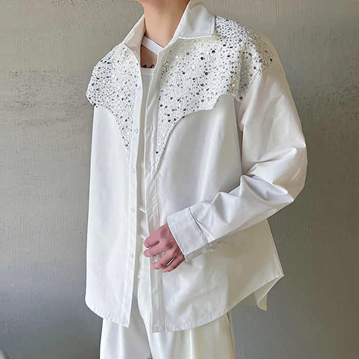 

White Long Sve Sequin irt ex Bright Sparkling Top Youth Faion Streetwear ular Brand Other Pure Color arp Collar