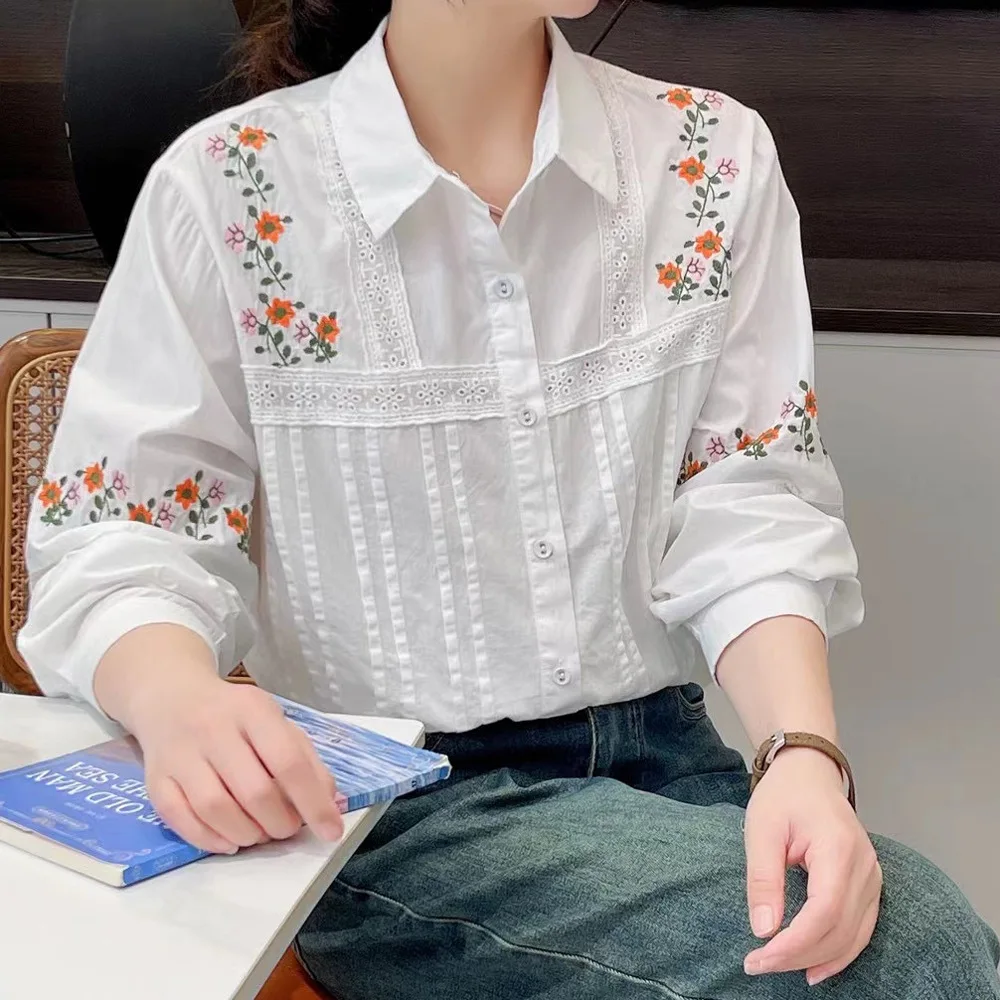 New Summer Cotton Long Sleeve Shirt Lapel Embroidery Floral Top Girl Sweet Fashion Casual Loose Blouse 2024 Autumn T46258QM