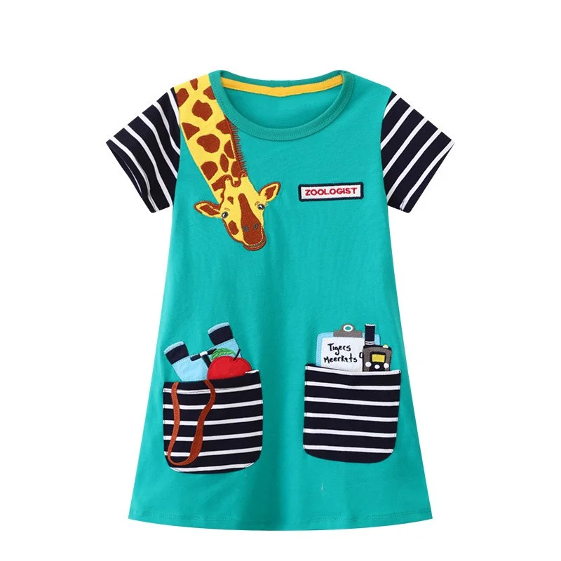 Jumping Meters Summer Princess Girls Dresses Giraffe Embroidery Print Short Sleeve Hot Sleeve Kids Birthday Party Costume Frocks