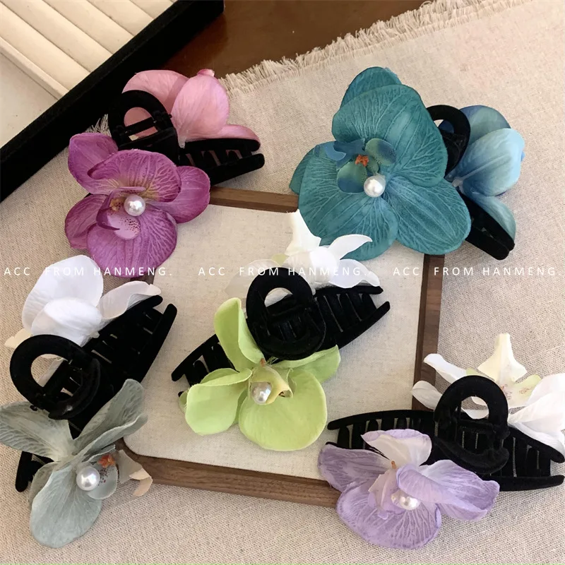 Early Spring New Fresh Raw Silk Phalaenopsis Pearl Flower Hair Clip Large Back Head Shark Clip Girls' Hair Accessories