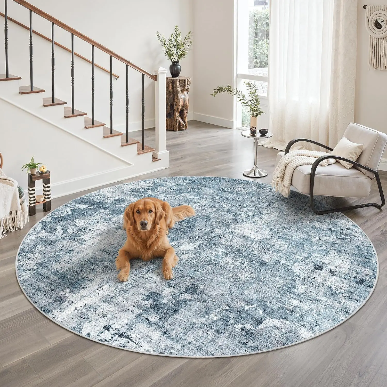 Large Round Plush Abstract Distressed Blue Grey Washable Area Rug Carpet for Living Room Sofa Polyester Fluffy Boho Home Decor M