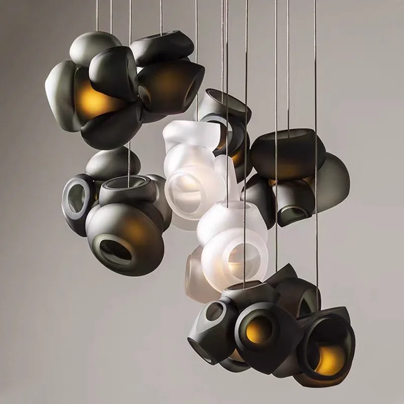 

Pink black white modern geometric glass chandelier LED pendant light for living room ceiling lighting and home decoration