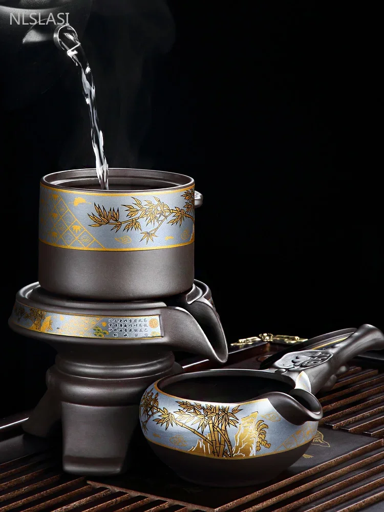 Chinese Purple Clay Tea Infuser Rotary Automatic Water Tea Set Beauty Teapot and Cup Set Traditional Zisha Tea Accessories