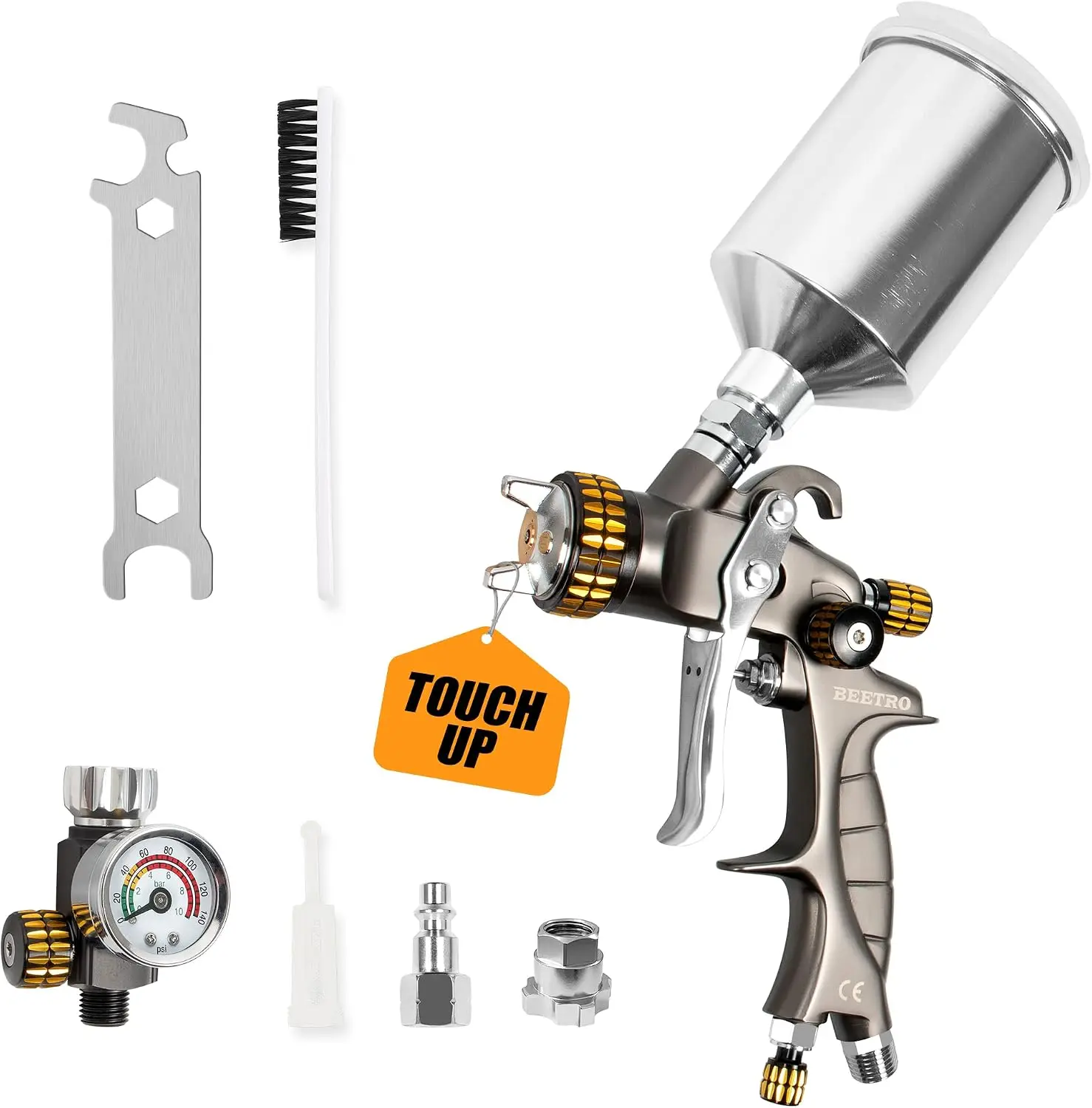 HVLP Touch Up Mini Air Spray Gun for Clearcoats 1.0mm Stainless Steel Nozzle 150ml Capacity 7.0CFM 22psi with Type 2 Adapter Air Control Valve and Filter Professional