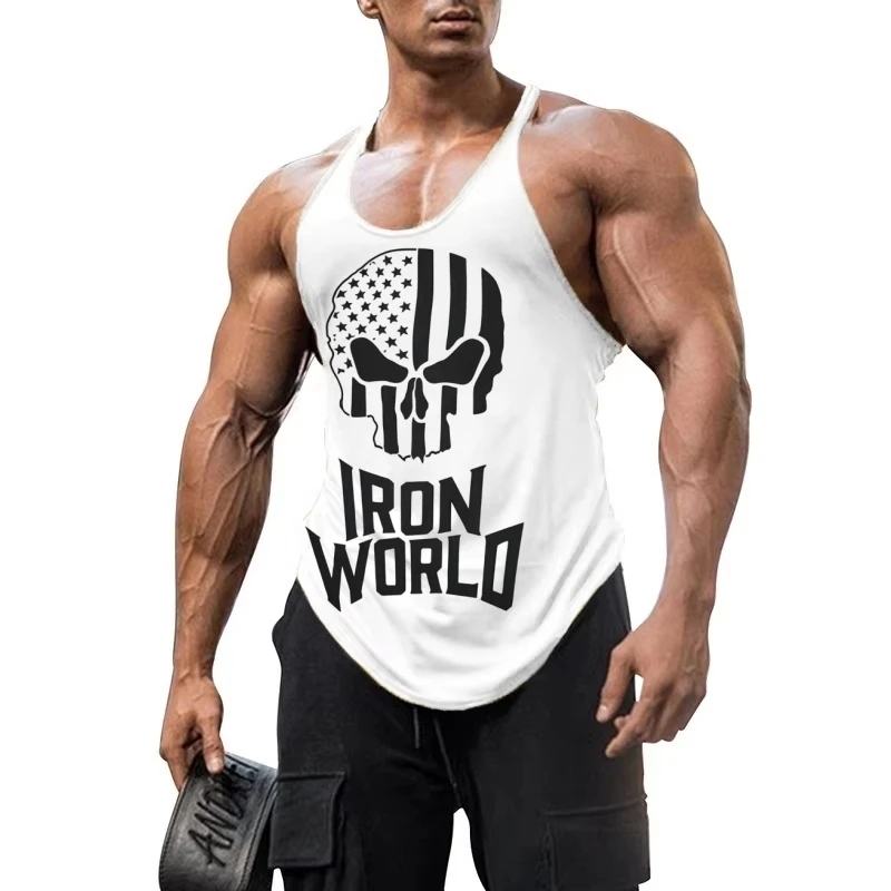 

Y Back Mens Fitness Stringer Vest Skull Graphic Cotton Gym Training Muscle Building Workout Top