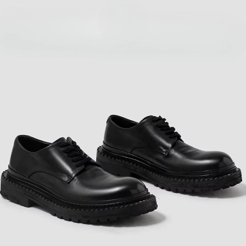 Men's Wavy Edges Thick Leather Soles Dress Shoes Horse Leather Hand Sewn Derby Shoes French Horsehide Handmade Casual Shoes for