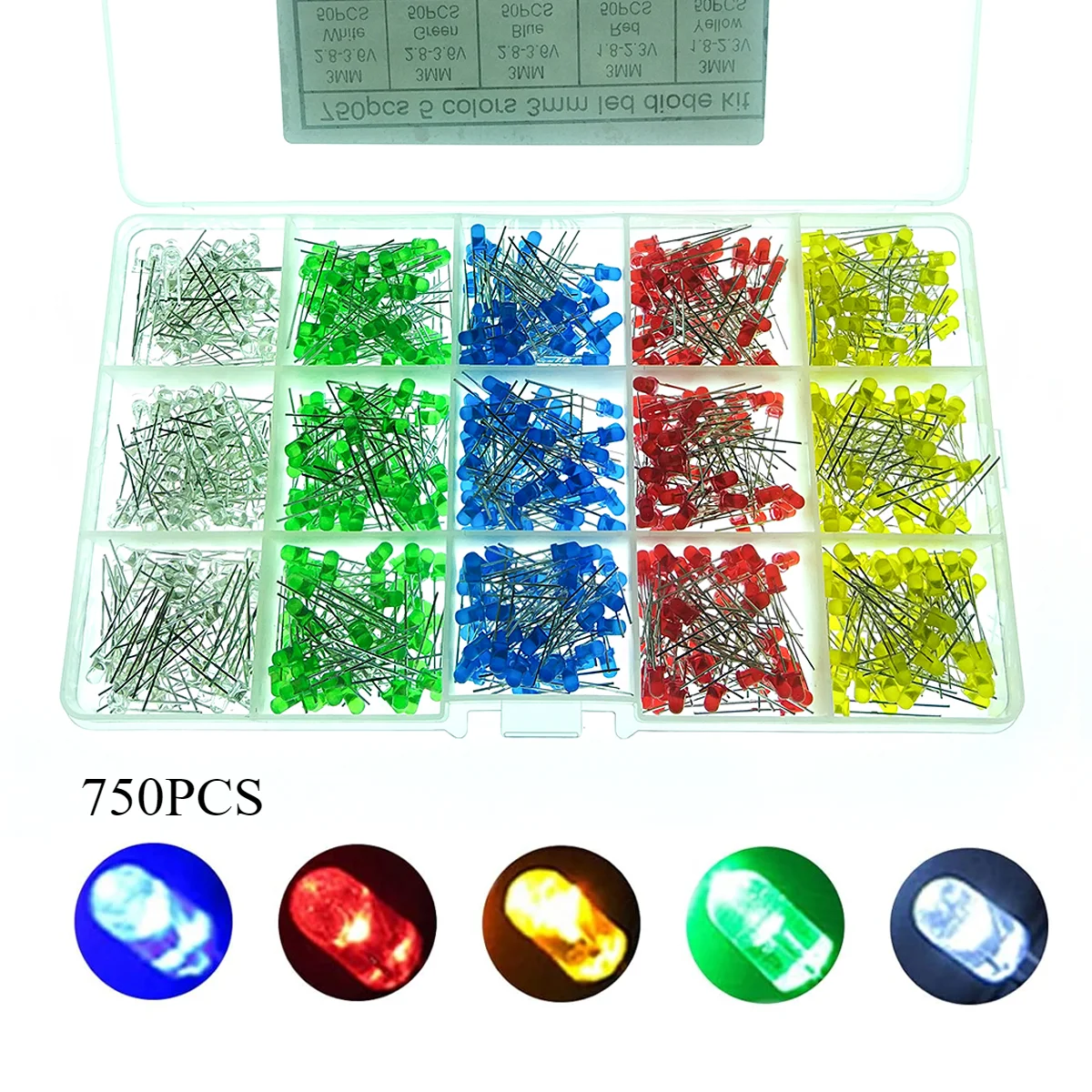 750Pcs/box 3mm LED Diode Yellow Red Blue Green White 5 Color Assortment Round Light Emitting Diodes DIY Kit