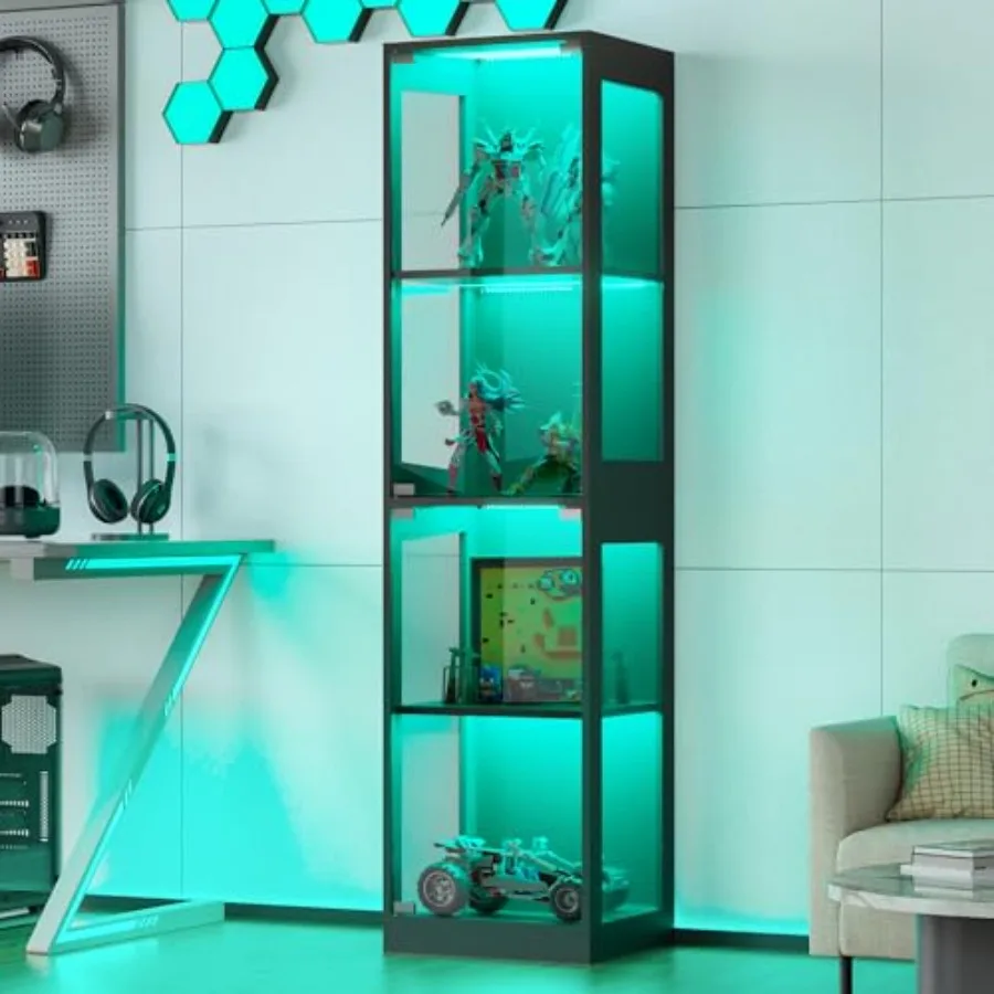 Glass display cabinet with RGB lights for living room and playroom: 4-tier curio shelf with transparent glass doors, ideal for