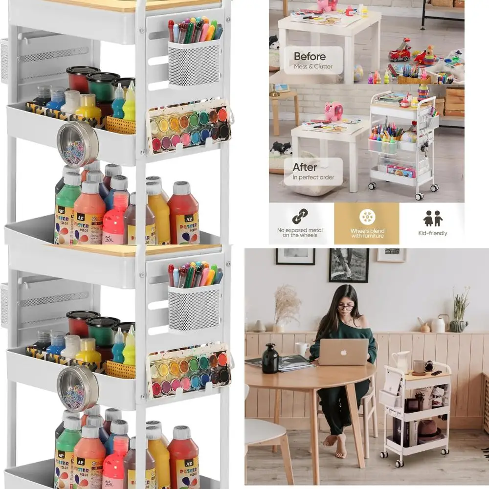 

3-Tier Rolling Utility Cart with Wheels, Baskets, and Hooks - Metal Storage Organizer for Home, Office, and Art Supplies (White)